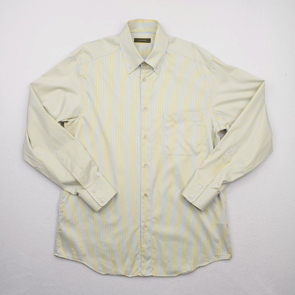Ermenegildo Zegna Shirt Mens Large Blue Yellow Striped Button Down Long Sleeve